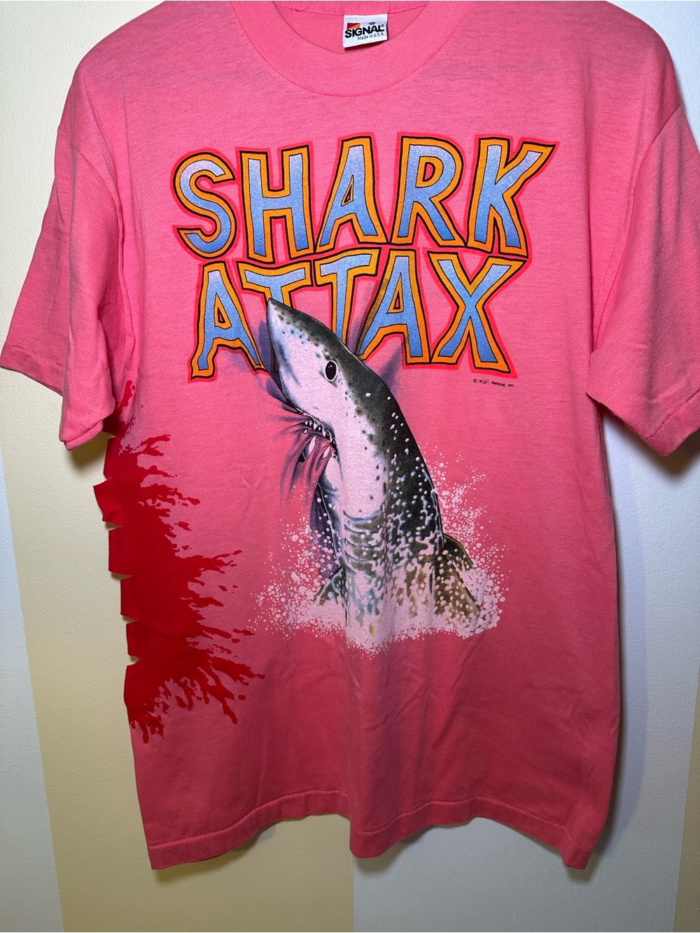 Vintage 80s Shark Attax Graphic Shirt Signal Made in USA Punk Slash Cut Tee XL